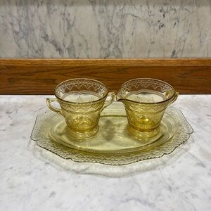 Vintage Federal Glass Yellow Depression Glass Sugar Creamer Tray Set